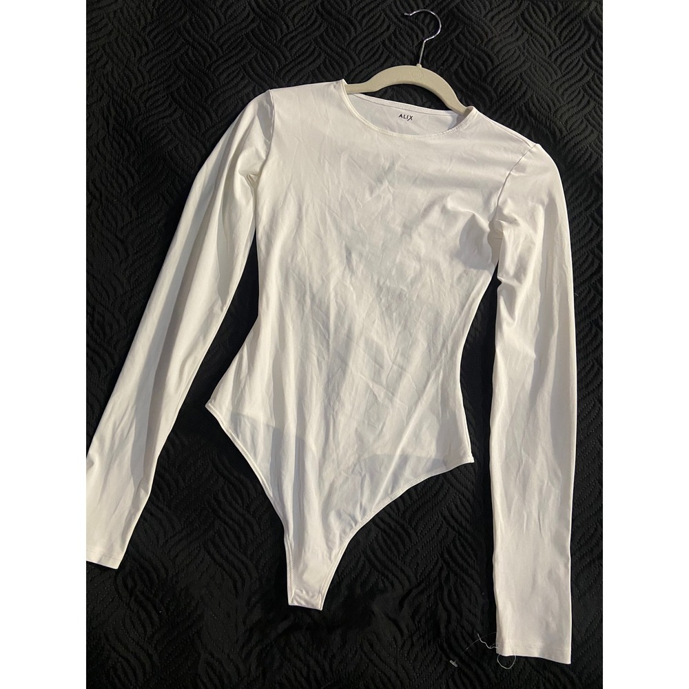 ALIX NYC Womens White Long Sleeve Crew Neck Thong Bodysuit Size S Made in USA